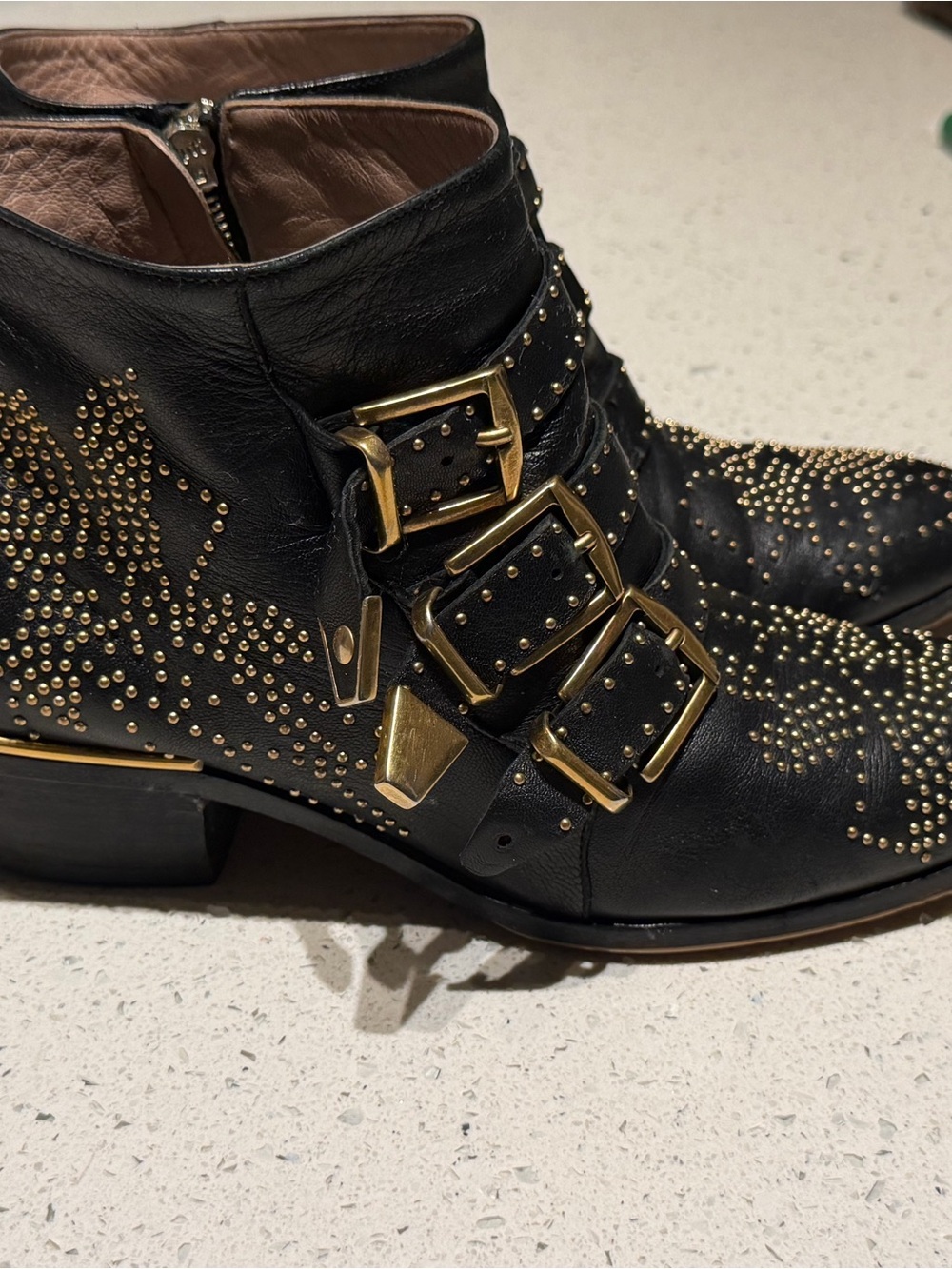 Chloe Susana Studded Leather Ankle Boots with Gold Buckles